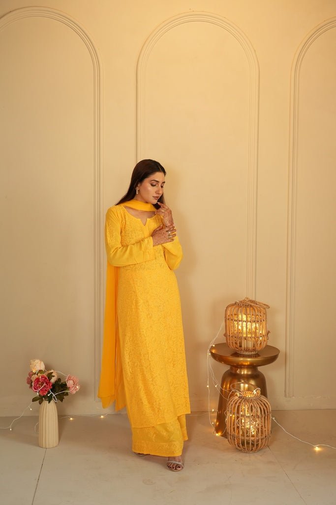 Hoor chikankari set in Yellow