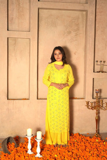 Inara Chikankari and mirror work Garara set in Yellow