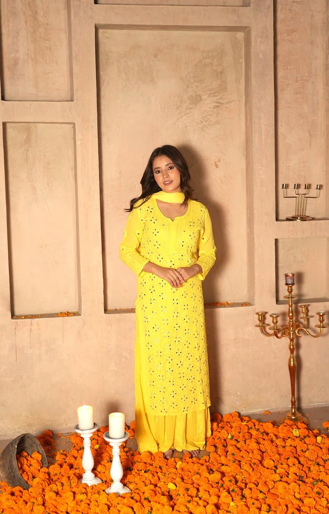 Inara Chikankari and mirror work Garara set in Yellow