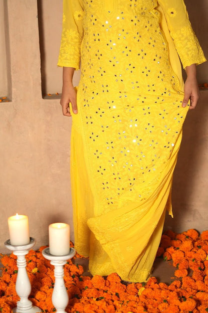 Inara Chikankari and mirror work Garara set in Yellow