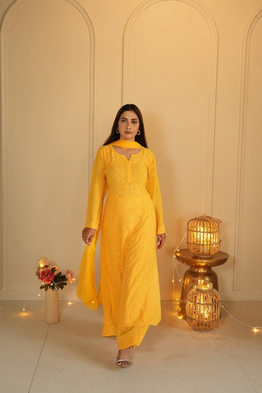 Hoor chikankari set in Yellow