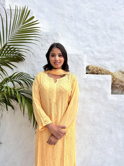 Fara chikankari and mukaish crepe set in Yellow