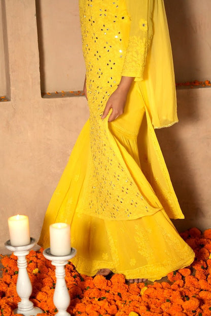 Inara Chikankari and mirror work Garara set in Yellow