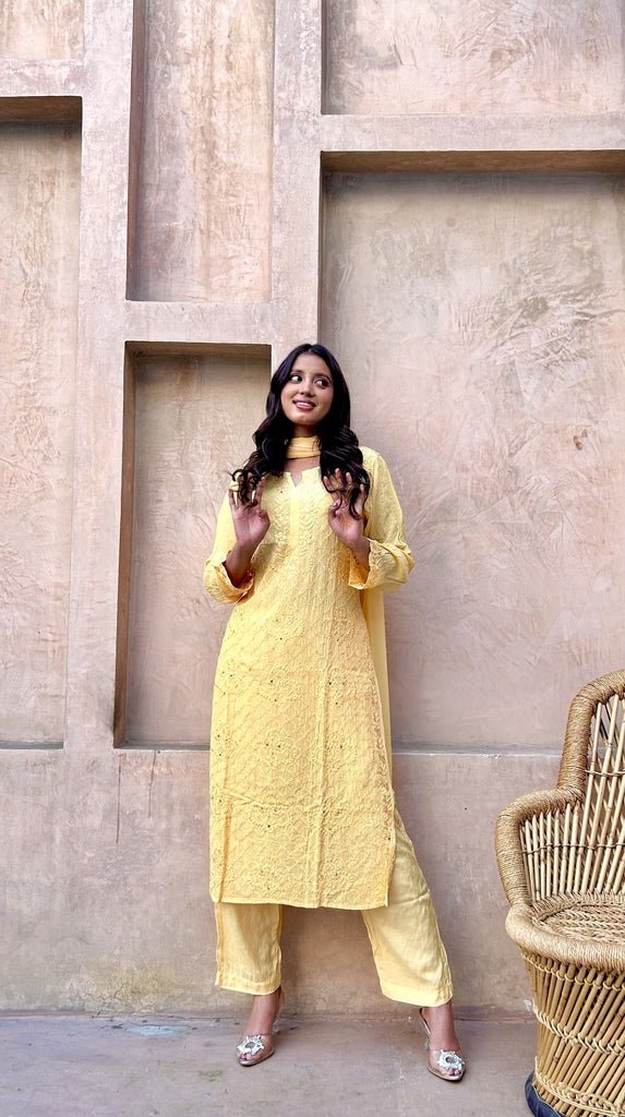 Fara chikankari and mukaish crepe set in Yellow