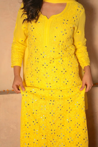 Inara Chikankari and mirror work Garara set in Yellow