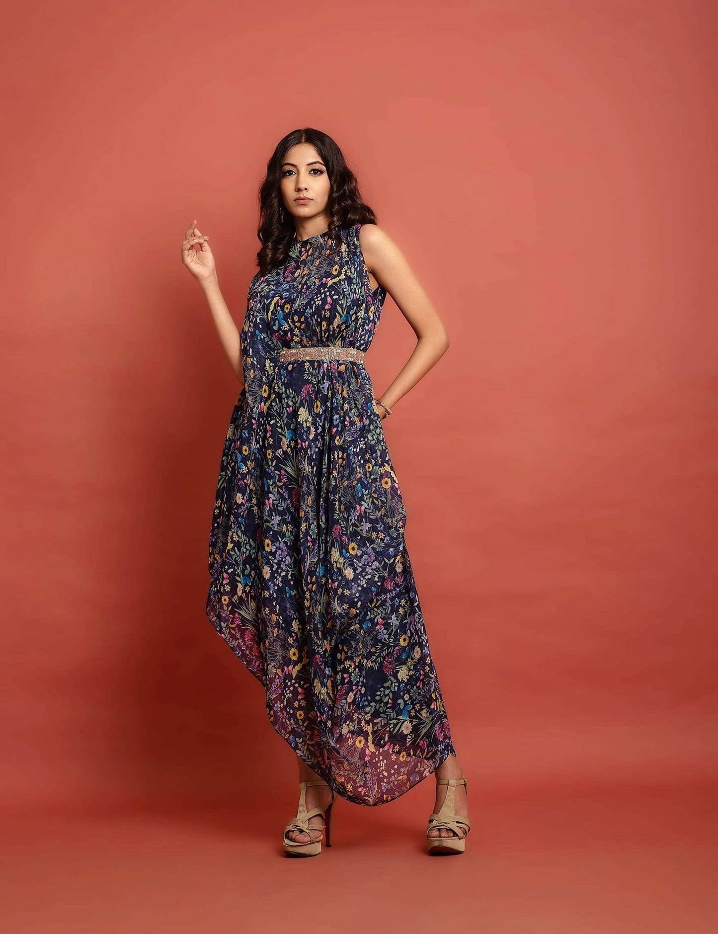 Blue Asymmetric Draped Kaftan